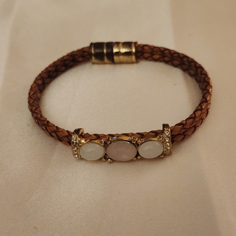 Gold-Tone Braided Brown Leather Bracelet with White and light Pink Stone Accents